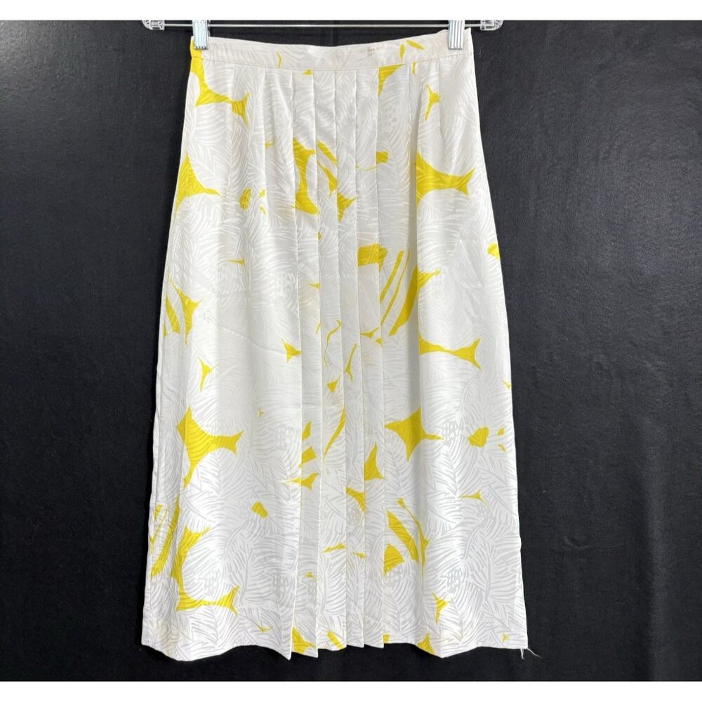 Vtg STIRLING‎ COOPER Women Floral Pleated Midi Skirt Sz 8 White Yellow 80s 39-12